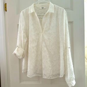 White tulle blouse, long sleeve, fully lined, v-neck, XL